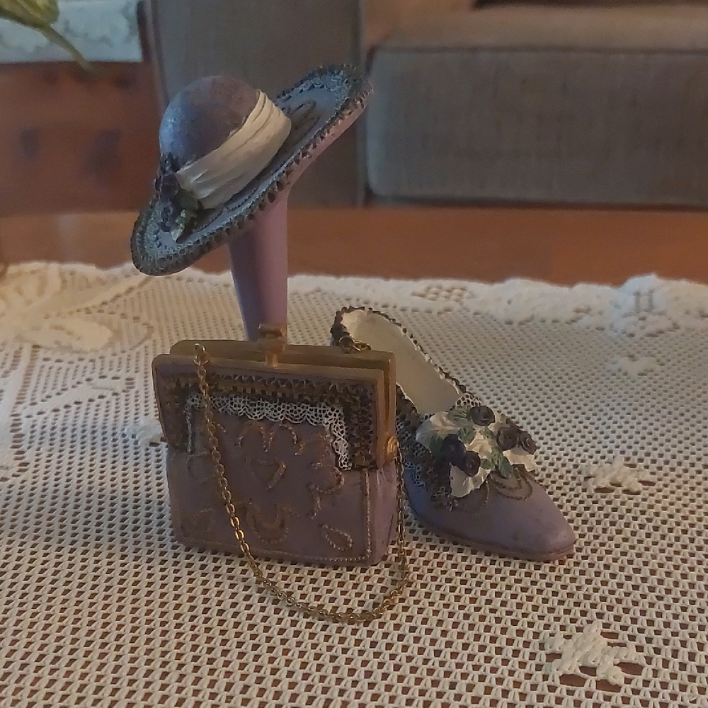 Purple Mini Purse, Hat, Stand, Shoe Figurine 4 Piece Set Home Decor